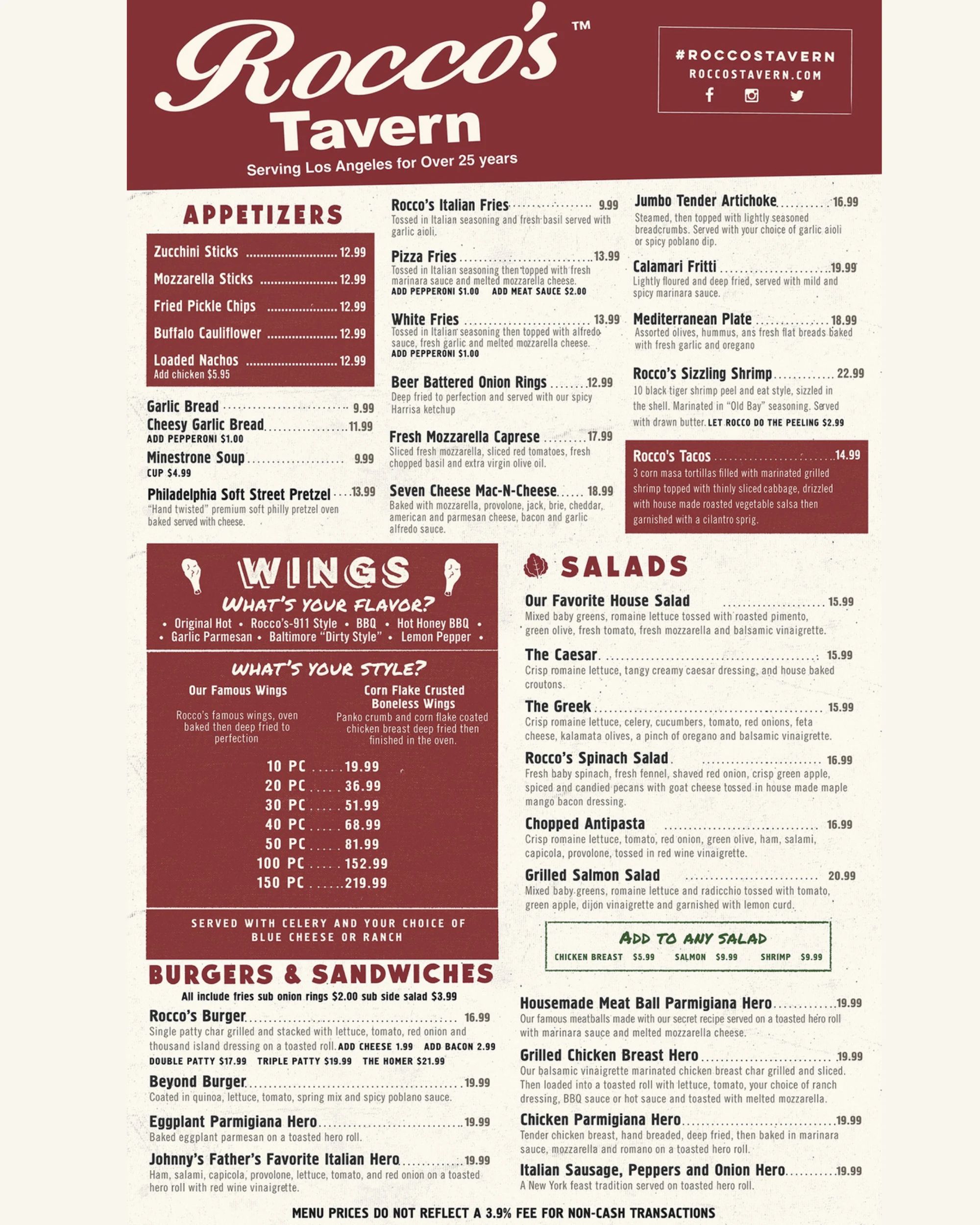 Rocco's Tavern menu page 1 — appetizers, wings, salads, burgers and sandwiches