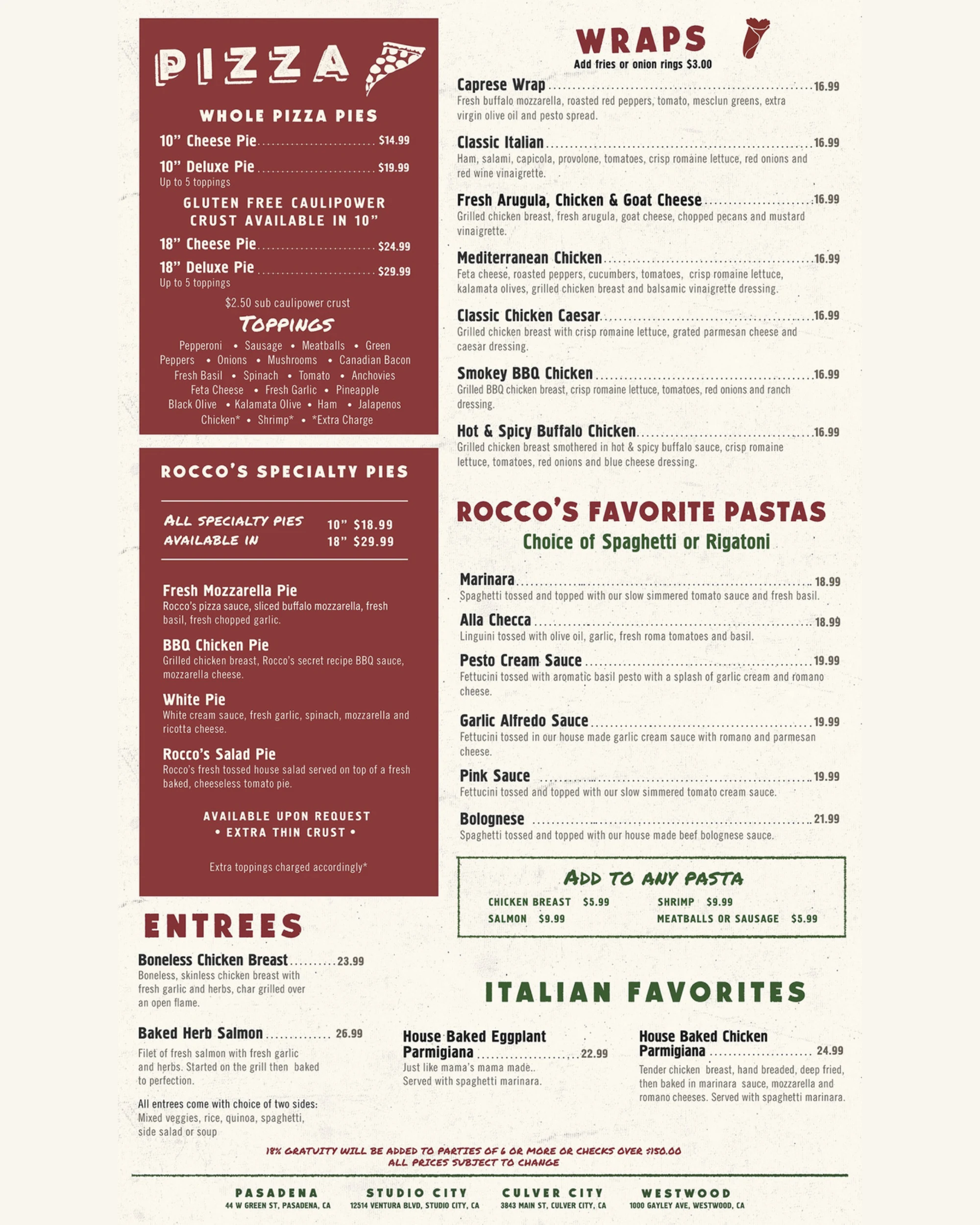 Rocco's Tavern menu page 2 — New York pizza, wraps, pastas, entrées and Italian favorites